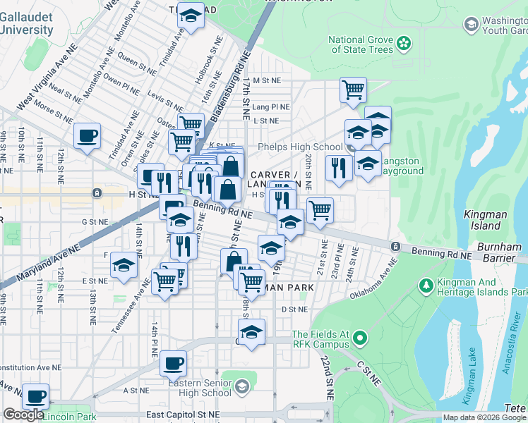map of restaurants, bars, coffee shops, grocery stores, and more near 101 Independence Avenue Southeast in Washington