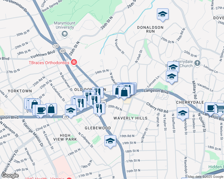 map of restaurants, bars, coffee shops, grocery stores, and more near 4619 22nd Street North in Arlington