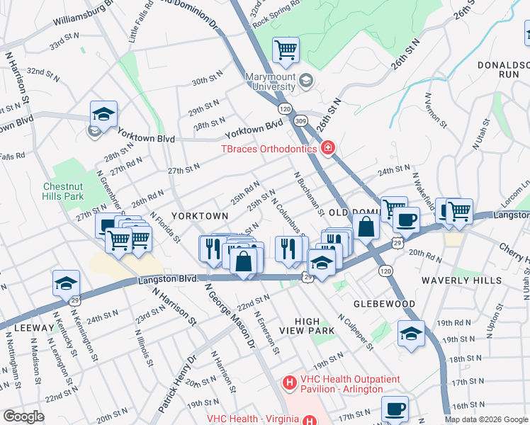 map of restaurants, bars, coffee shops, grocery stores, and more near 2419 North Dickerson Street in Arlington
