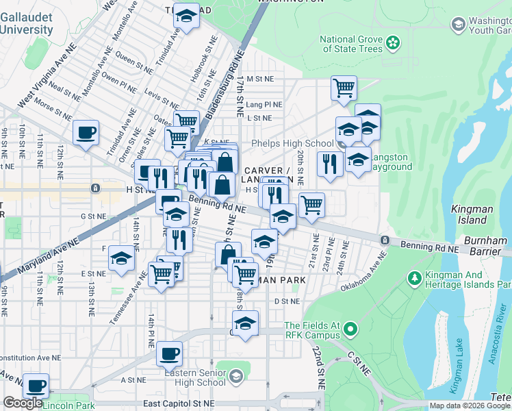 map of restaurants, bars, coffee shops, grocery stores, and more near 101 Independence Avenue Southeast in Washington