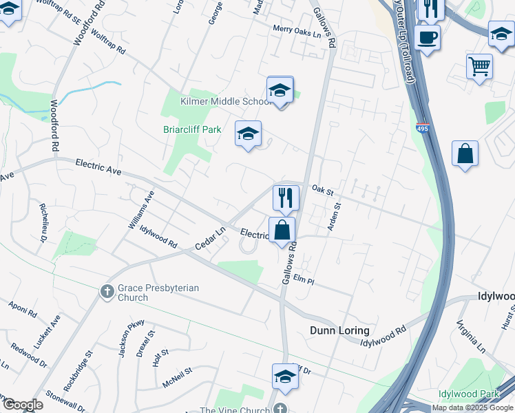 map of restaurants, bars, coffee shops, grocery stores, and more near 8156 Larkin Lane in Vienna