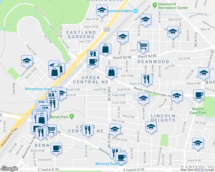 map of restaurants, bars, coffee shops, grocery stores, and more near 724 44th Street Northeast in Washington