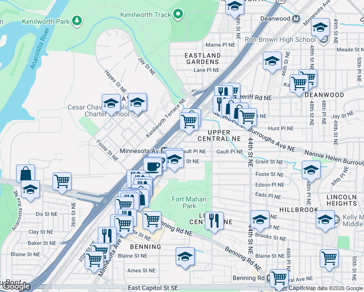 map of restaurants, bars, coffee shops, grocery stores, and more near 4151 Minnesota Avenue Northeast in Washington