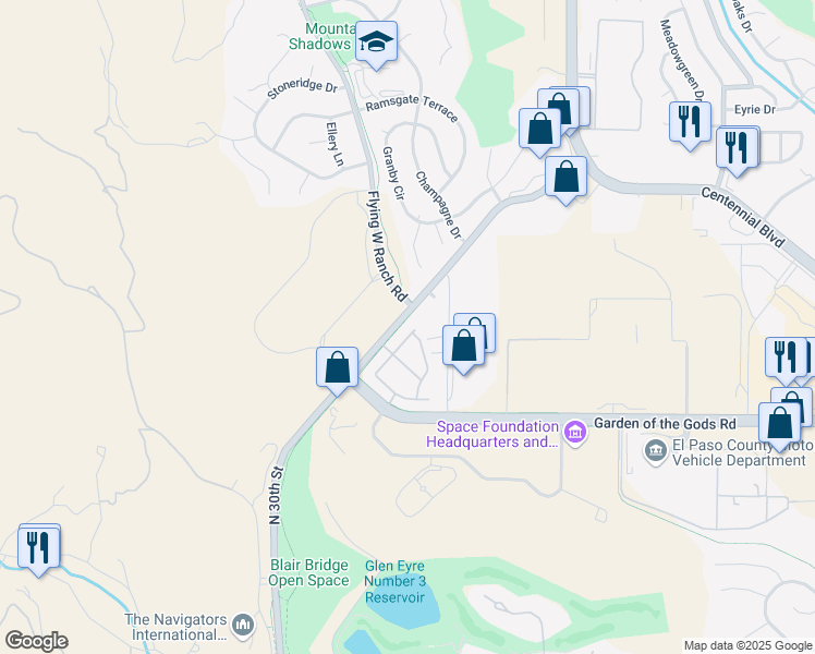 map of restaurants, bars, coffee shops, grocery stores, and more near 4650 Spring Canyon Heights in Colorado Springs