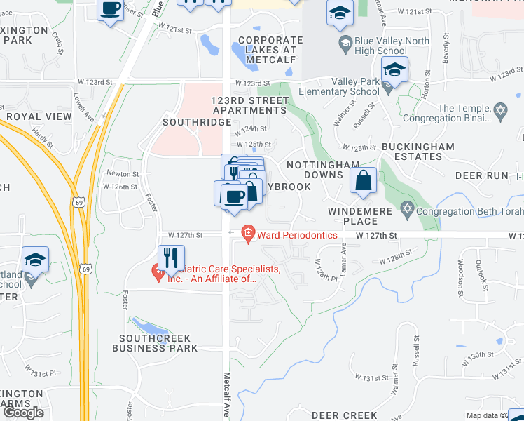 map of restaurants, bars, coffee shops, grocery stores, and more near 12644 Barkley Street in Leawood