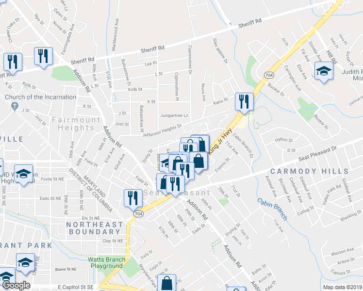 map of restaurants, bars, coffee shops, grocery stores, and more near 713 65th Avenue in Capitol Heights