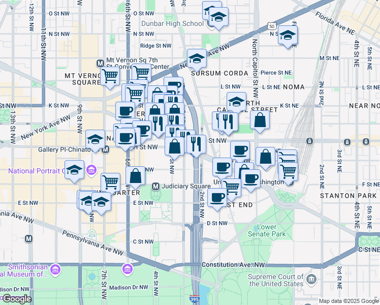 map of restaurants, bars, coffee shops, grocery stores, and more near 222 Massachusetts Avenue Northwest in Washington