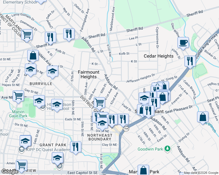 map of restaurants, bars, coffee shops, grocery stores, and more near 726 61st Avenue in Fairmount Heights
