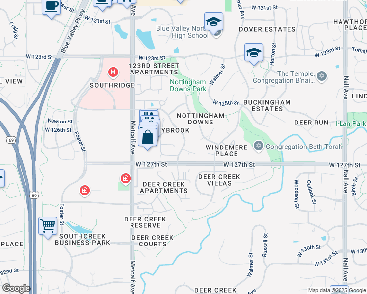 map of restaurants, bars, coffee shops, grocery stores, and more near 12920 Glenwood Street in Leawood