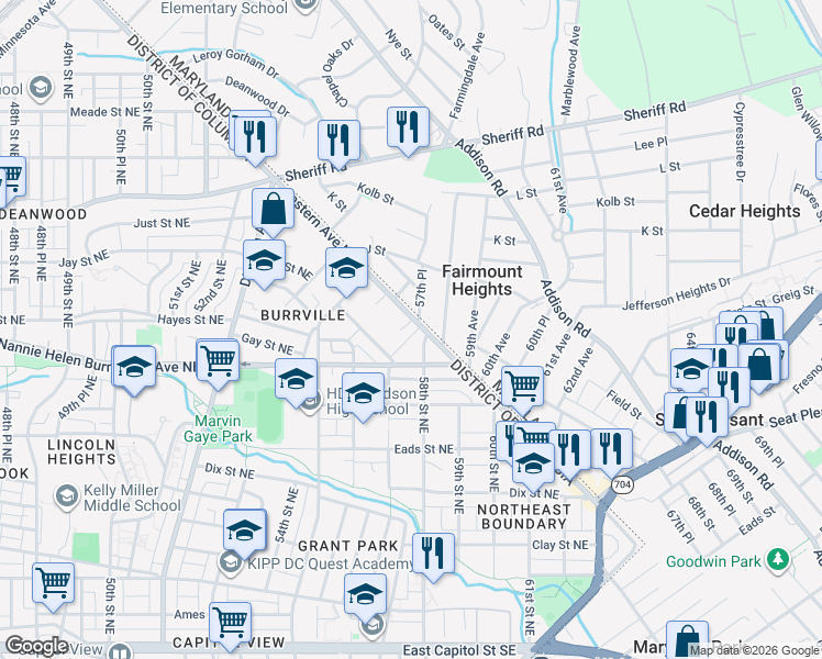 map of restaurants, bars, coffee shops, grocery stores, and more near 715 57th Place Northeast in Washington