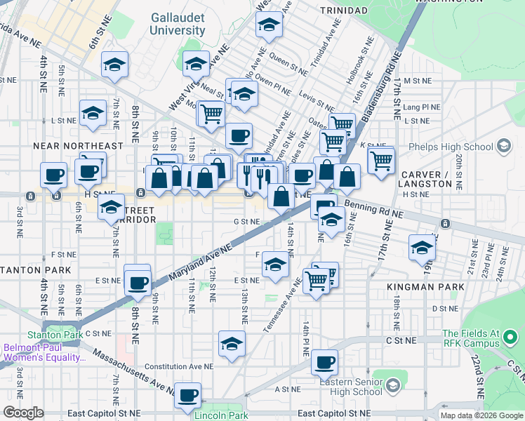 map of restaurants, bars, coffee shops, grocery stores, and more near 101 Independence Avenue Southeast in Washington