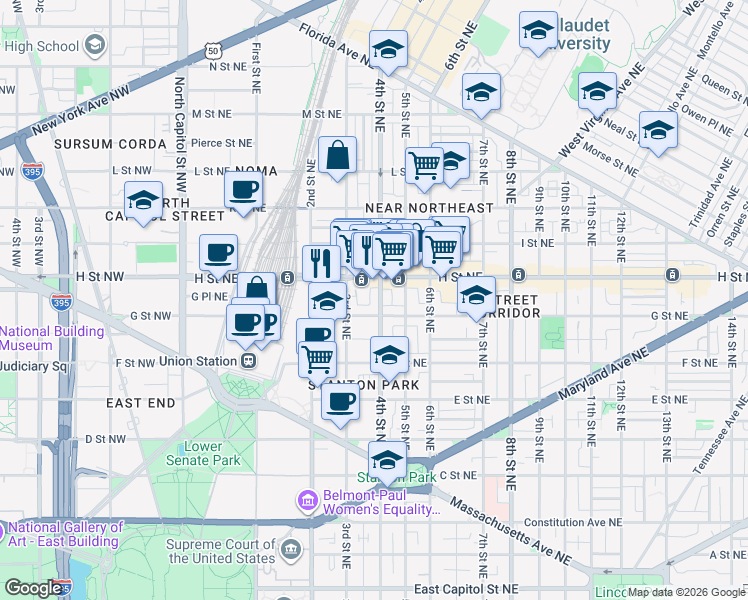 map of restaurants, bars, coffee shops, grocery stores, and more near 101 Independence Avenue Southeast in Washington