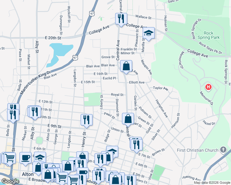 map of restaurants, bars, coffee shops, grocery stores, and more near 722 Royal Street in Alton