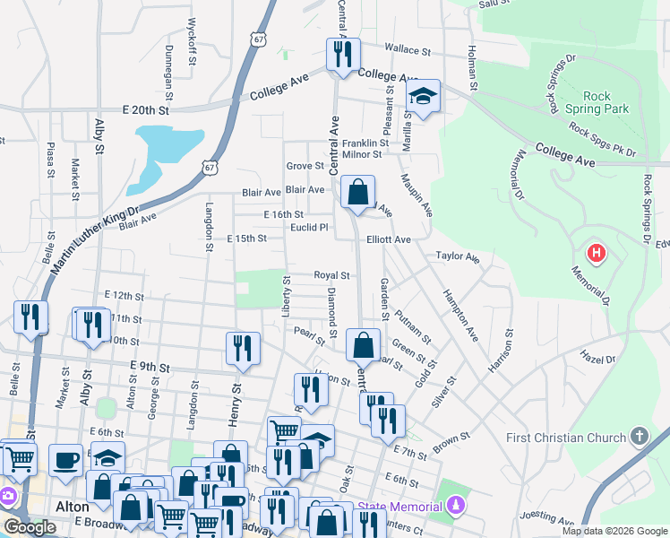 map of restaurants, bars, coffee shops, grocery stores, and more near 916 Royal Street in Alton
