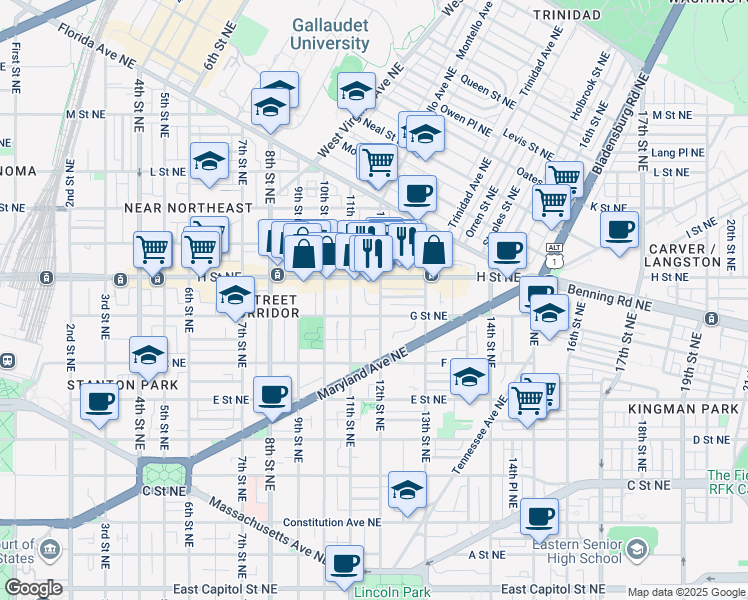 map of restaurants, bars, coffee shops, grocery stores, and more near 714 12th Street Northeast in Washington