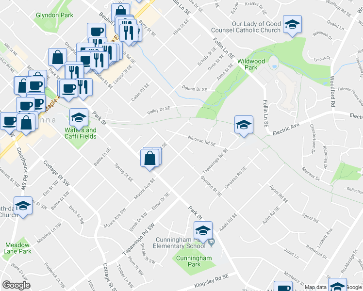 map of restaurants, bars, coffee shops, grocery stores, and more near 306 Moore Ave SE in Vienna