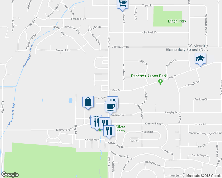 map of restaurants, bars, coffee shops, grocery stores, and more near 1302 Muir Drive in Gardnerville