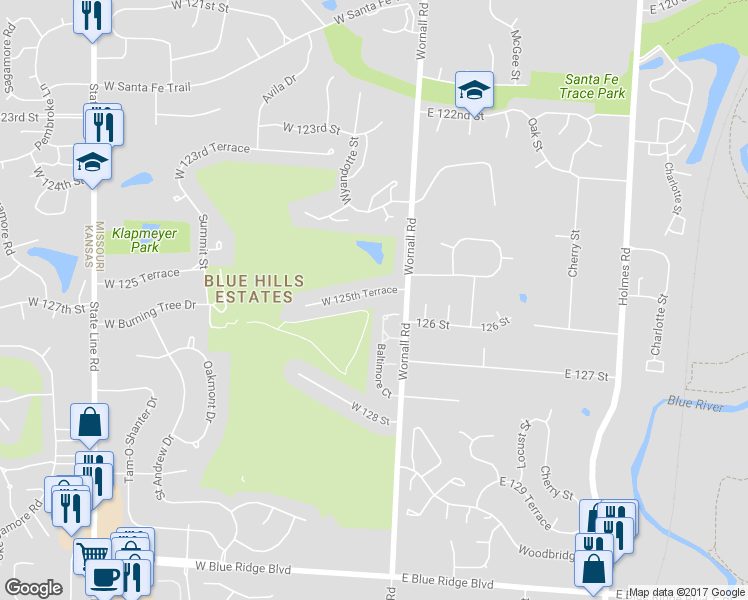 map of restaurants, bars, coffee shops, grocery stores, and more near 11 West 125th Terrace in Kansas City