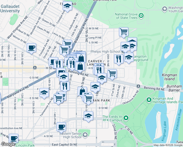 map of restaurants, bars, coffee shops, grocery stores, and more near 101 Independence Avenue Southeast in Washington
