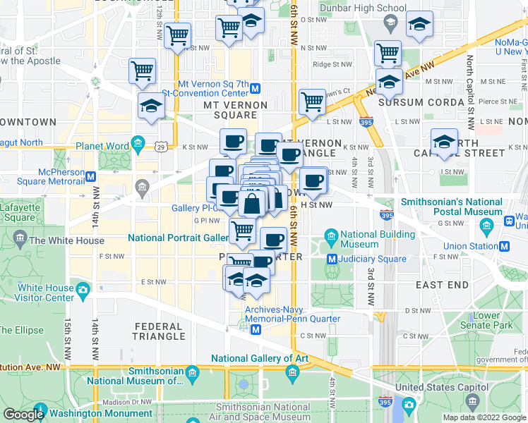 map of restaurants, bars, coffee shops, grocery stores, and more near 777 7th Street Northwest in Washington