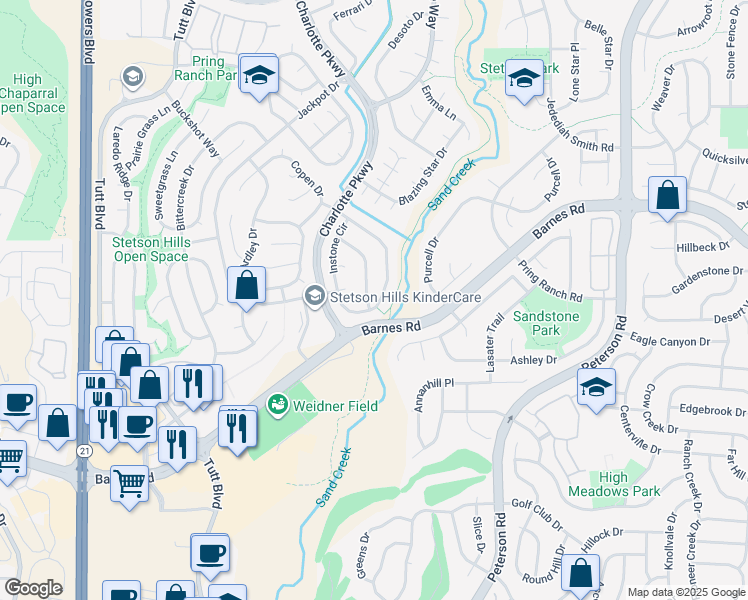 map of restaurants, bars, coffee shops, grocery stores, and more near 4601 Hotspur Drive in Colorado Springs