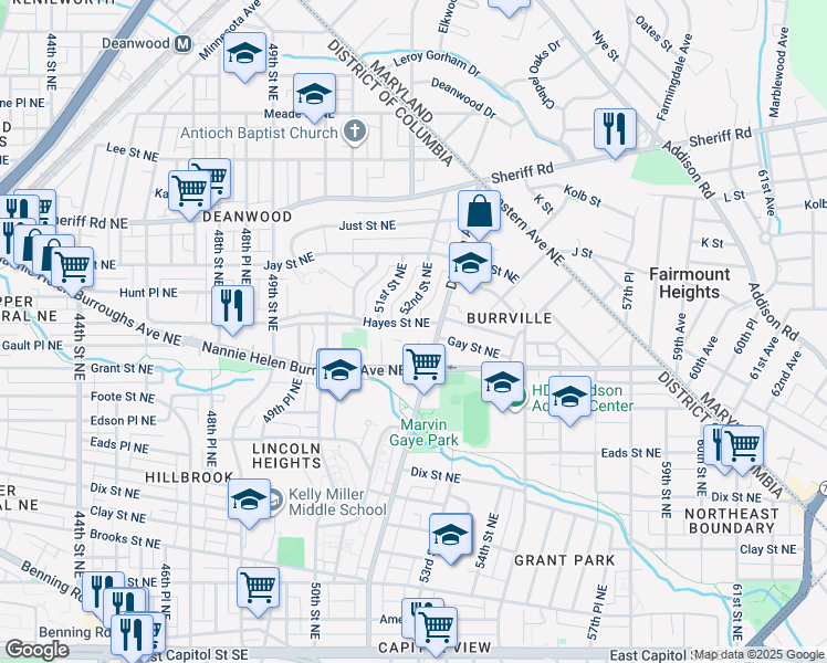 map of restaurants, bars, coffee shops, grocery stores, and more near 5201 Hayes Street Northeast in Washington, D.C.