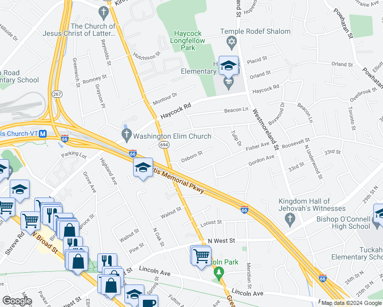 map of restaurants, bars, coffee shops, grocery stores, and more near 6704 Osborn Street in Falls Church