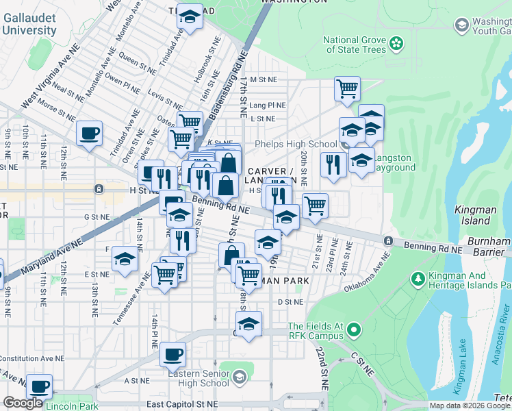map of restaurants, bars, coffee shops, grocery stores, and more near 101 Independence Avenue Southeast in Washington