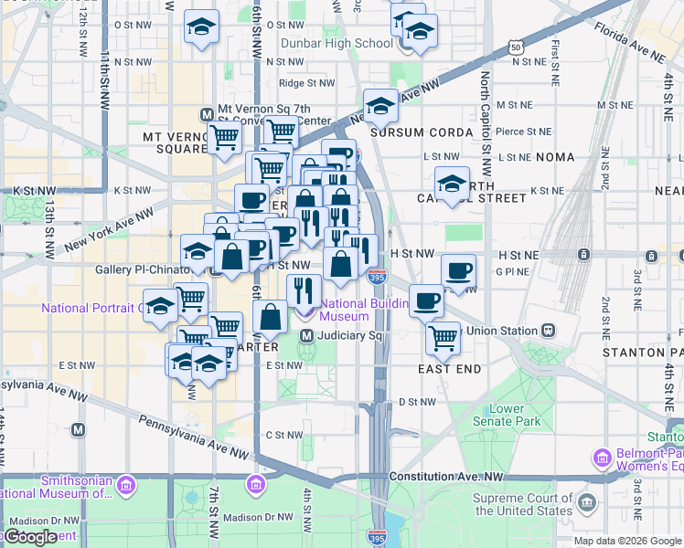 map of restaurants, bars, coffee shops, grocery stores, and more near 300 Massachusetts Avenue Northwest in Washington
