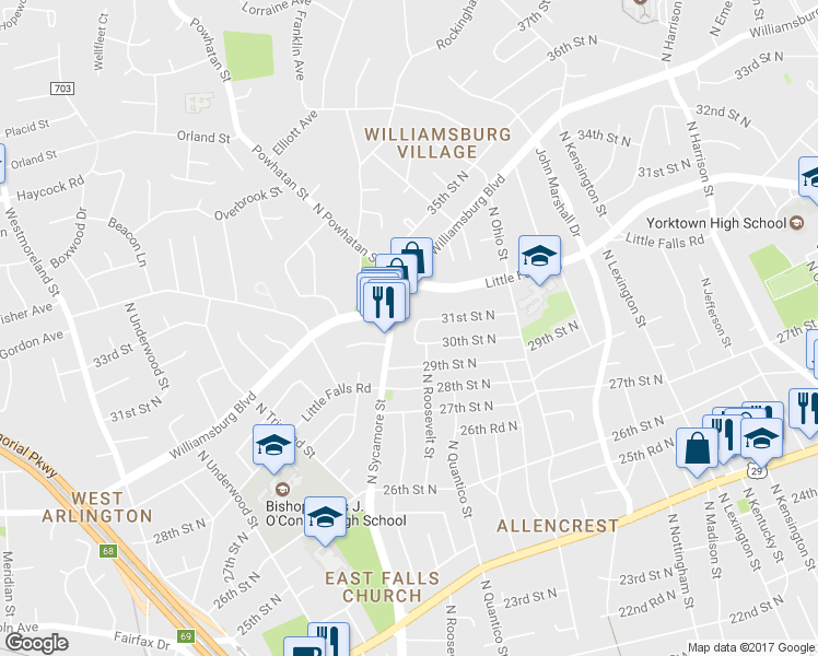 map of restaurants, bars, coffee shops, grocery stores, and more near 3010 North Roosevelt Street in Arlington