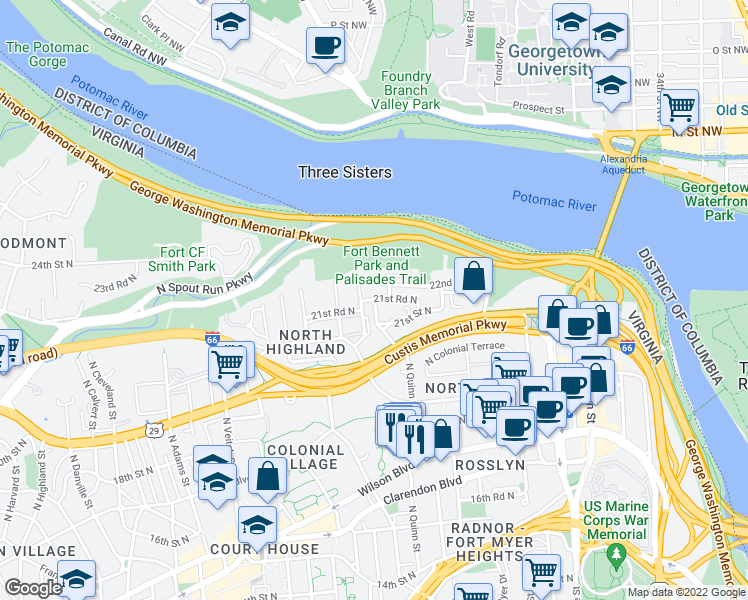 map of restaurants, bars, coffee shops, grocery stores, and more near N Quinn St & 21st Rd N in Arlington