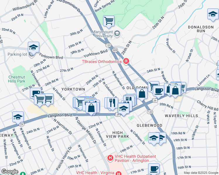 map of restaurants, bars, coffee shops, grocery stores, and more near 2407 North Columbus Street in Arlington
