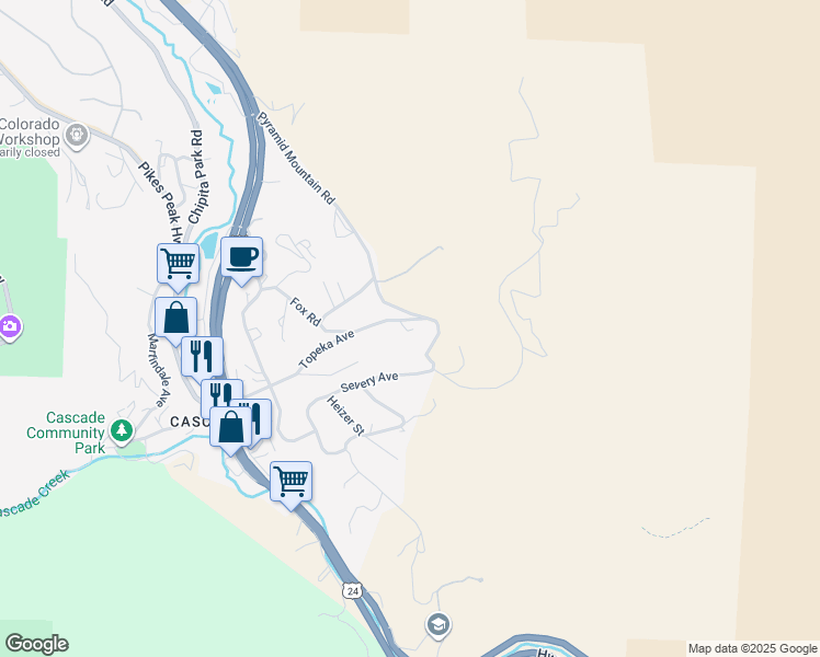 map of restaurants, bars, coffee shops, grocery stores, and more near 7735 Topeka Avenue in Cascade-Chipita Park