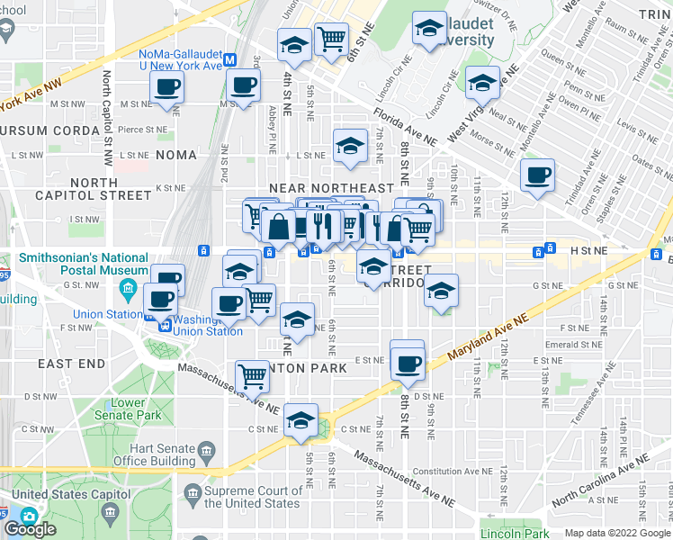 map of restaurants, bars, coffee shops, grocery stores, and more near 721 6th Street Northeast in Washington