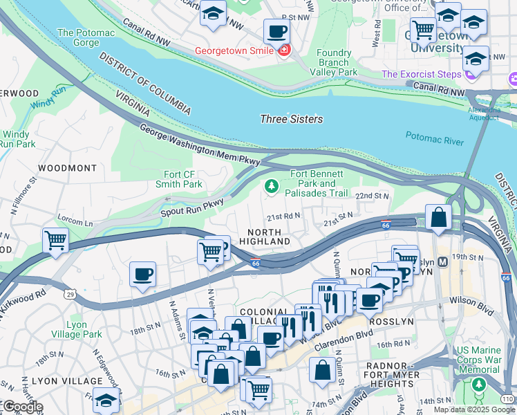 map of restaurants, bars, coffee shops, grocery stores, and more near 2142 North Taft Street in Arlington