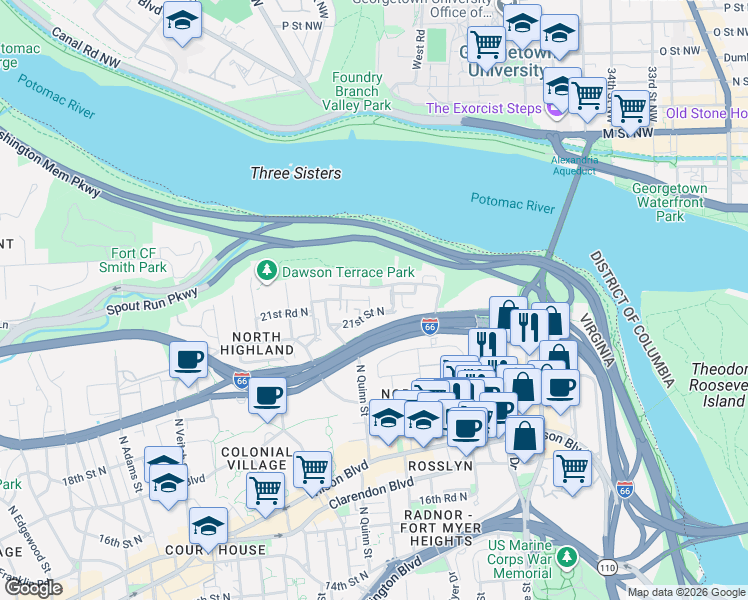 map of restaurants, bars, coffee shops, grocery stores, and more near 1800 Wilson Boulevard in Arlington