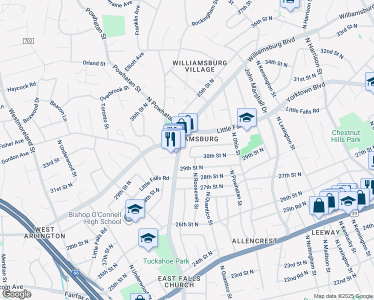 map of restaurants, bars, coffee shops, grocery stores, and more near 3010 North Roosevelt Street in Arlington
