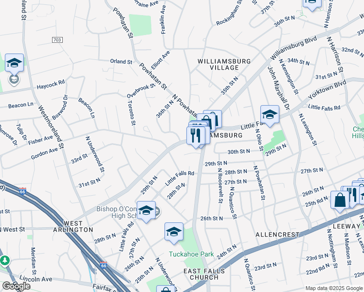 map of restaurants, bars, coffee shops, grocery stores, and more near 6536 Williamsburg Boulevard in Arlington