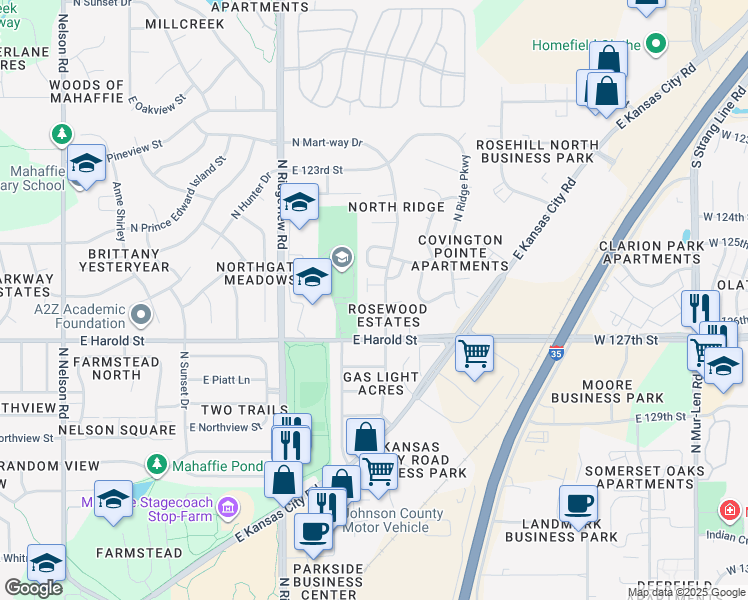 map of restaurants, bars, coffee shops, grocery stores, and more near 1415 East 125th Terrace in Olathe