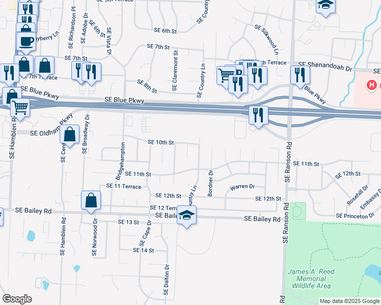 map of restaurants, bars, coffee shops, grocery stores, and more near 1017 Southeast Claremont Street in Lee's Summit