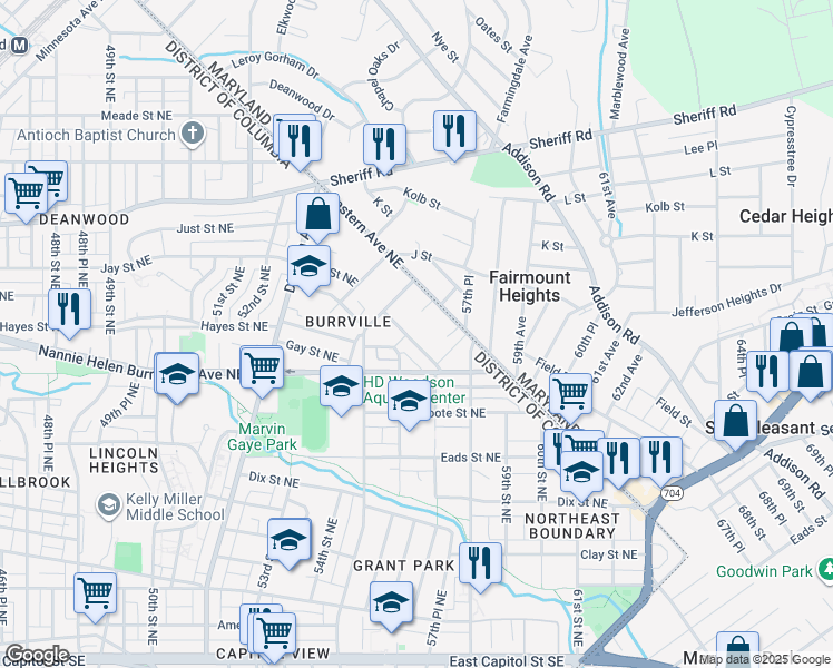 map of restaurants, bars, coffee shops, grocery stores, and more near 5528 Jay Street Northeast in Washington