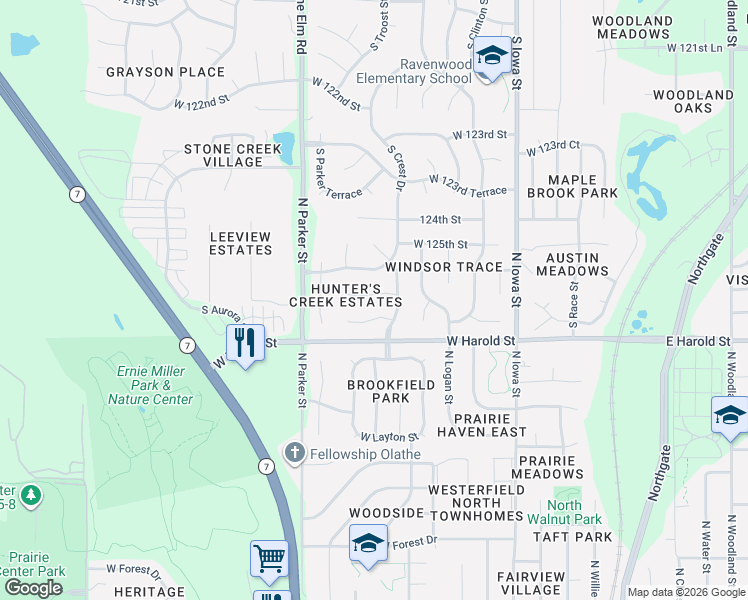 map of restaurants, bars, coffee shops, grocery stores, and more near 21159 126th Street in Olathe