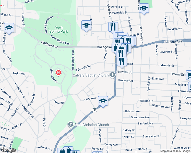 map of restaurants, bars, coffee shops, grocery stores, and more near 2300 Brown Street in Alton