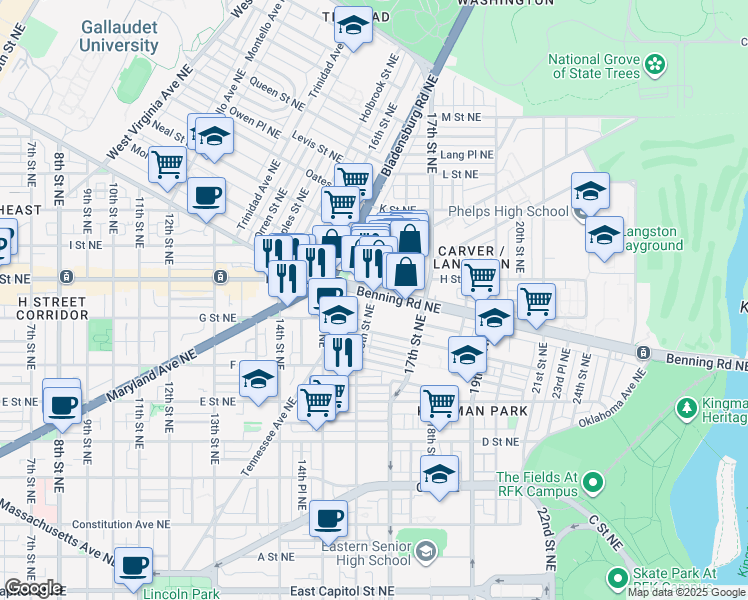map of restaurants, bars, coffee shops, grocery stores, and more near 1601 Benning Road Northeast in Washington