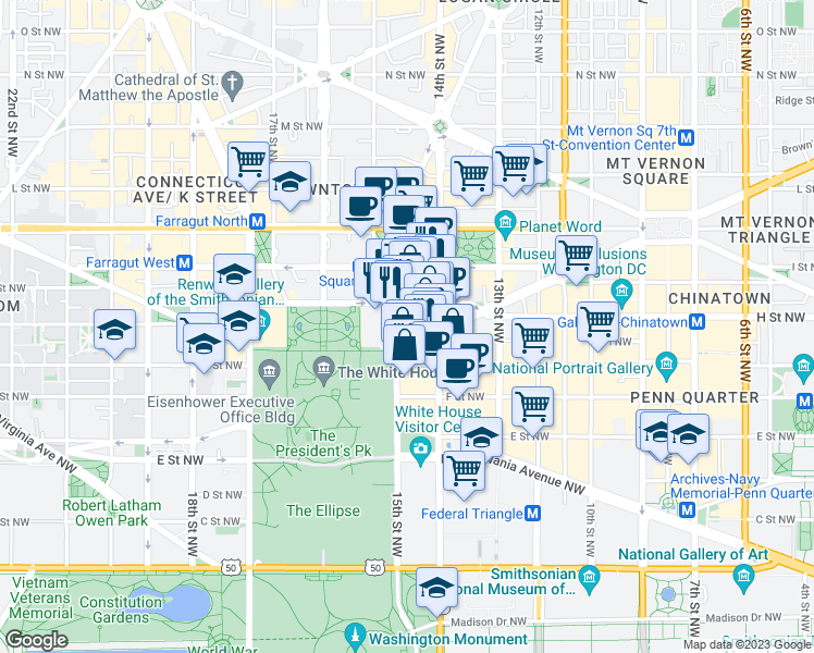 map of restaurants, bars, coffee shops, grocery stores, and more near 725 15th Street Northwest in Washington