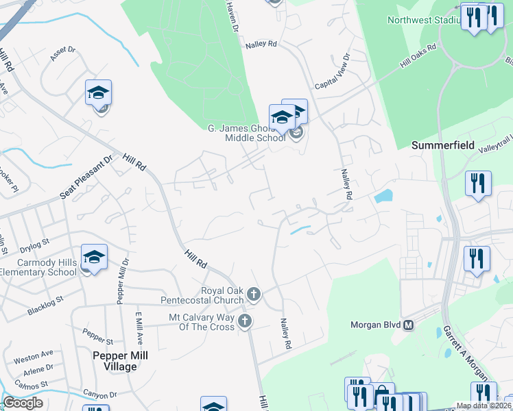 map of restaurants, bars, coffee shops, grocery stores, and more near 7405 Belgravia Lane in Prince George's County