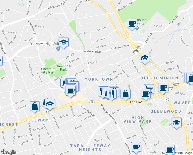 map of restaurants, bars, coffee shops, grocery stores, and more near 5126 25th Place North in Arlington