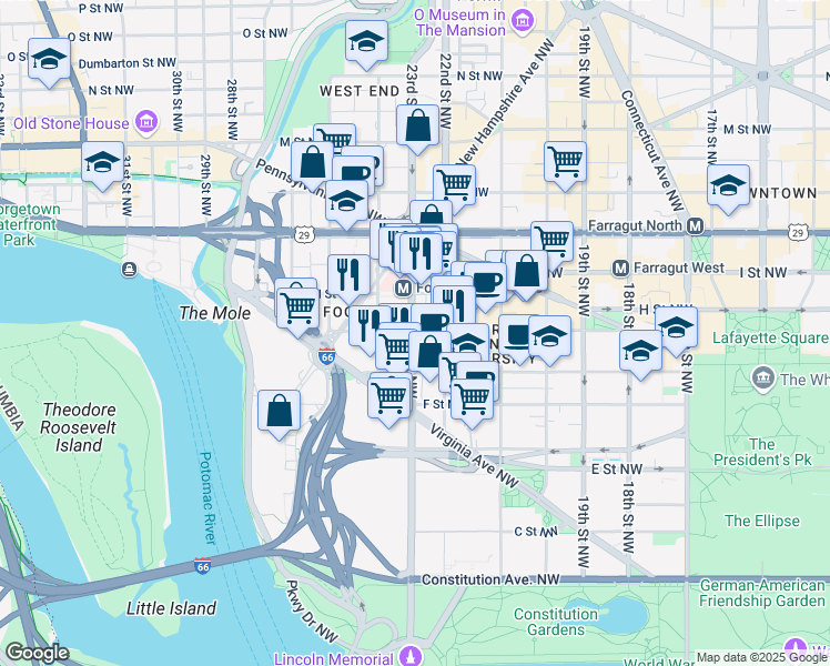 map of restaurants, bars, coffee shops, grocery stores, and more near 2212 H Street Northwest in Washington