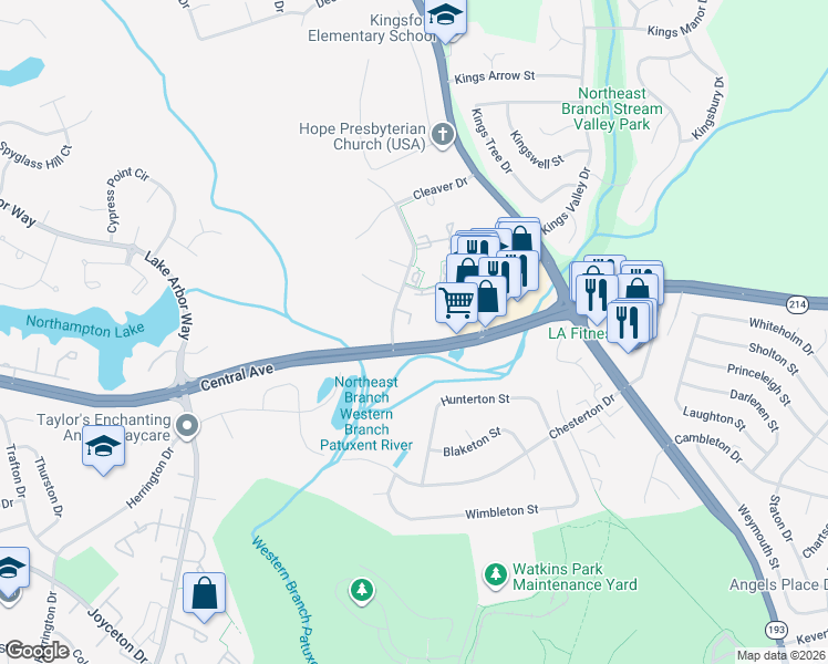 map of restaurants, bars, coffee shops, grocery stores, and more near 711 Saint Michaels Drive in Bowie