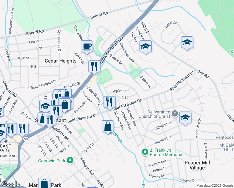 map of restaurants, bars, coffee shops, grocery stores, and more near 7204 G Street in Capitol Heights
